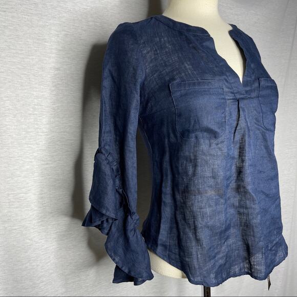 K). INC Ruffles Half arm length Sleeve V-neck Blouse Blue Petite NWT - Picture 3 of 12
